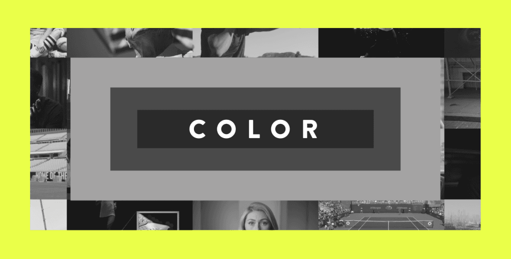 A graphic with a gray rectangle reading COLOR in bold white letters on a black background, overlaid on a collage of black and white photos, all set against a yellow background.
