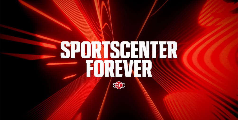 Bold white text reading SportsCenter Forever is centered on a dynamic red and black abstract background with the SportsCenter logo below the text.